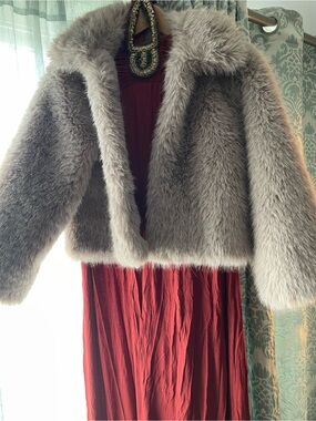 New GAP Faux Fur Jacket in color Quail Bundle w/ halter beaded dress